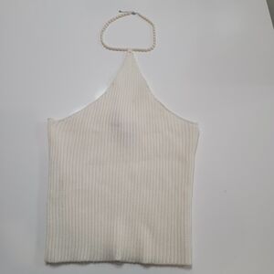 Windsor Off White Ribbed Halter Top with Pearl Size L